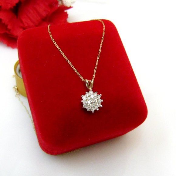 Diamond Cluster Pendant Necklace Solid 10k Yellow Gold Genuine Natural Real - Picture 2 of 6
